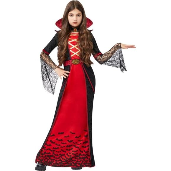 Red Royal Vampire Costume for Girls Deluxe Set Halloween Gothic Victorian Dress - Picture 3 of 7